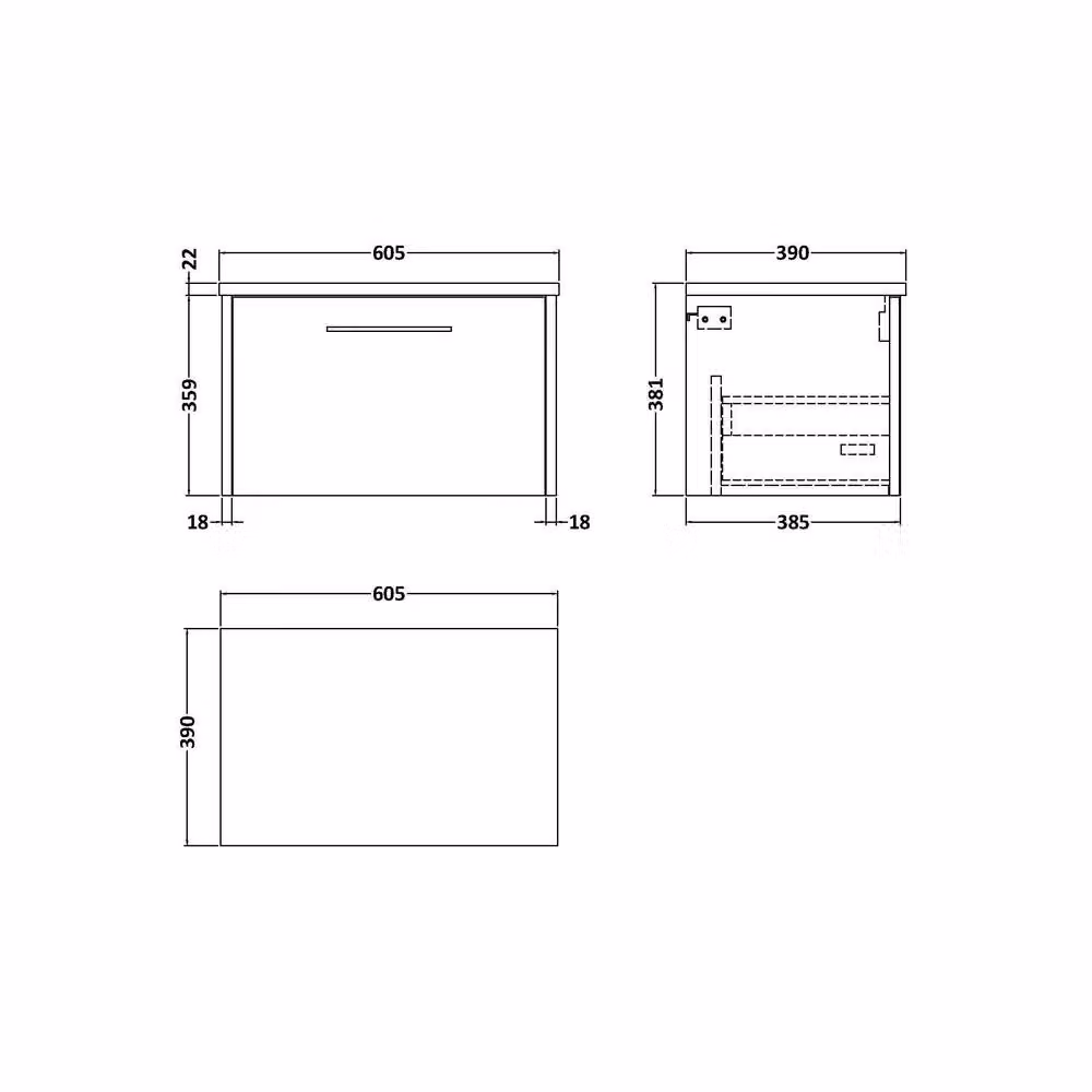 Balterley Winshill 1 Drawer Wall Hung Vanity Unit with Worktop, Grey, W: 60 cm, D: 38.1 cm, H: 60 cm – 2