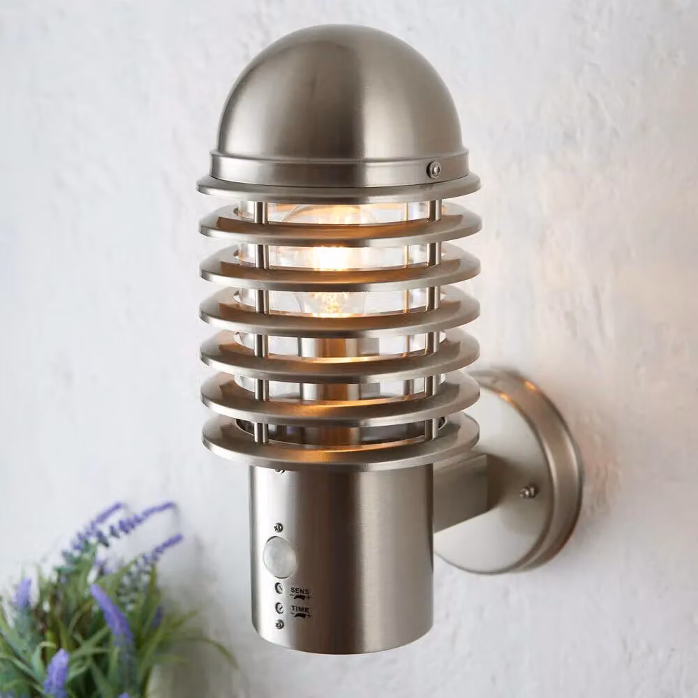 Loops 2 Pack IP44 Outdoor Caged Lantern Wall Lamps in Silver Stainless Steel with Motion and Dusk Sensors – 4