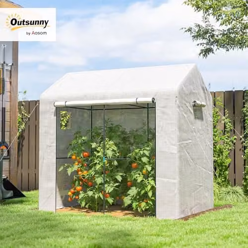 Outsunny Walk-in Greenhouse with Mesh Windows and Roller Door, White, W/D/H: 140 x 140 x 200 cm – 2