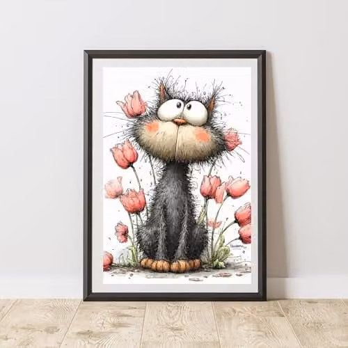 60 SECOND MAKEOVER Cat with Tulip Print Paper Poster, Black and Multicolour, W/H: 21.0 x 29.7 cm