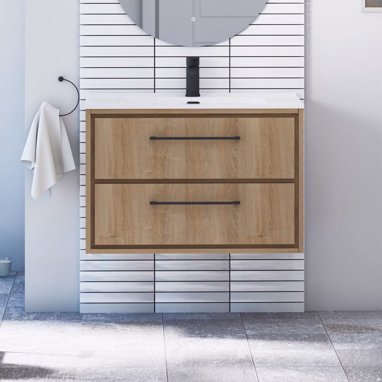 Royal Bathrooms Livora 800mm Natural Oak Wall Hung Vanity Unit with 2 Drawers, Ceramic Basin and Matt Black Handles