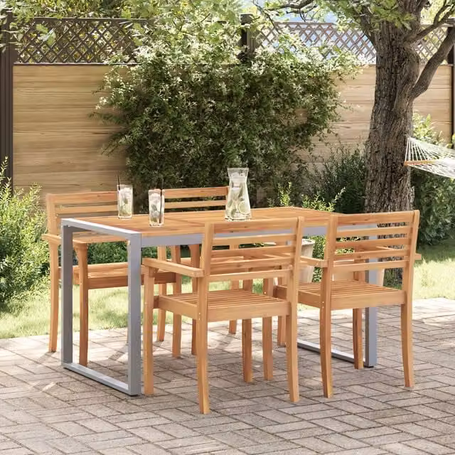Berkfield Home Outdoor Dining Table in Grey with Acacia Wood and Steel, W/D/H: 140 x 80 x 75 cm