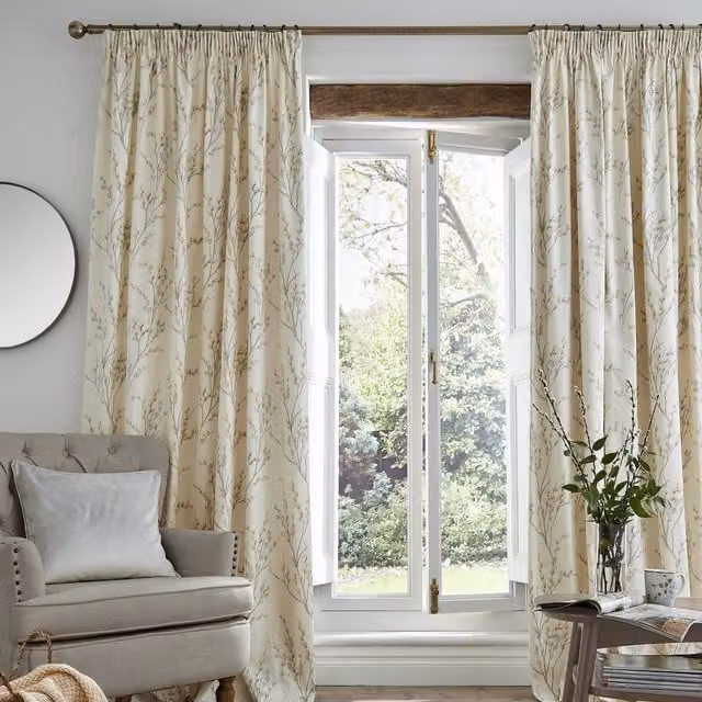 Laura Ashley Pussy Willow Floral Cotton Ready Made Curtains in White and Grey