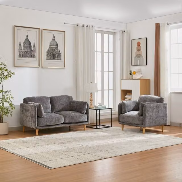 FURNITURE ONE Grey Velvet Upholstered Sofa Set with 3-Seater and 2-Seater Sofas and Scatter Cushions