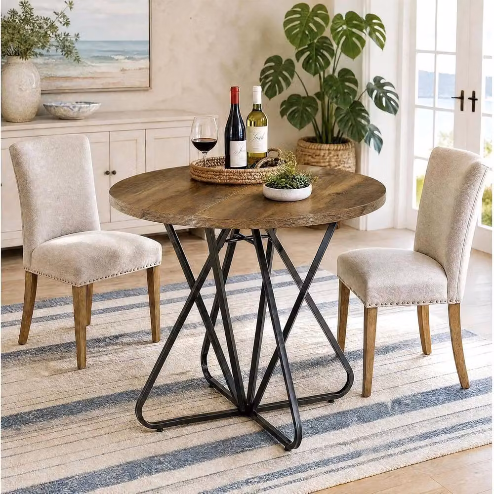 VOGREX Modern Round Dining Table in Brown, Diameter: 100 cm, Height: 75 cm – 4
