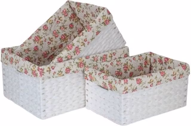 Set of 3 Red Hamper Paper Rope Storage Baskets with Garden Rose Cotton Lining