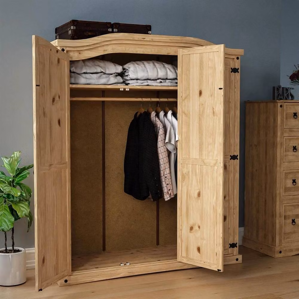 SPETLEK 3 Door Mexican Solid Pine Wood Wardrobe in Natural with Internal Shelves and Hanging Rod – 3