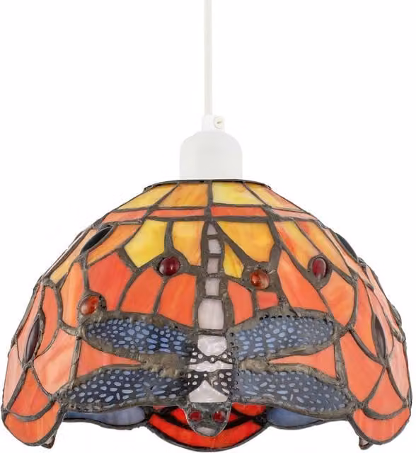Happy Homewares Art Nouveau Dragonfly Stained Glass Tiffany Pendant Shade in Orange, Red and Pink – 1