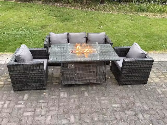 Fimous 5 Seater Rattan Gas Fire Pit Dining Set in Dark Grey – 1