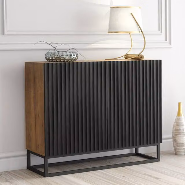 Mex Furniture LTD Ripple Sideboard with Black Fluted Doors in Dark Brown and Oak, W: 100 cm, H: 80 cm, D: 35 cm
