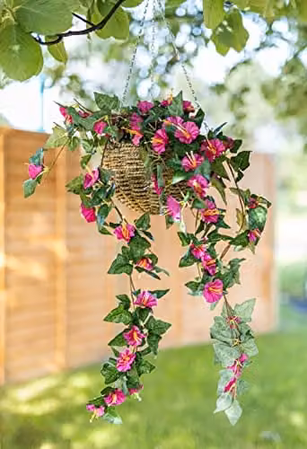 Garden Mile Artificial Trailing Faux Floral Hanging Basket with Purple and Pink Flowers and Leaves