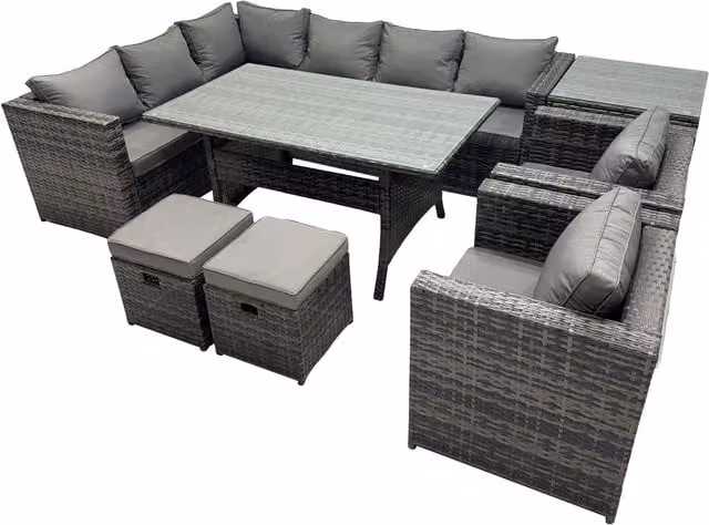 Fimous 10-Seater Outdoor PE Rattan Sofa and Dining Set in Dark Grey Mixed