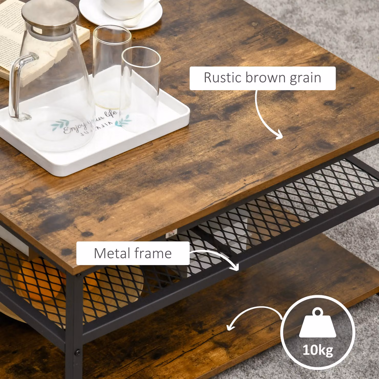 HOMCOM Industrial Coffee Table with 3-Tier Storage Shelves in Brown – 4