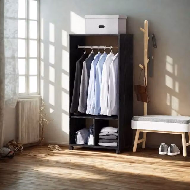 Pirlo Plush Open Wardrobe Clothes Rail with Storage Shelves on Wheels, Black, W/D/H: 128 x 40 x 40 cm