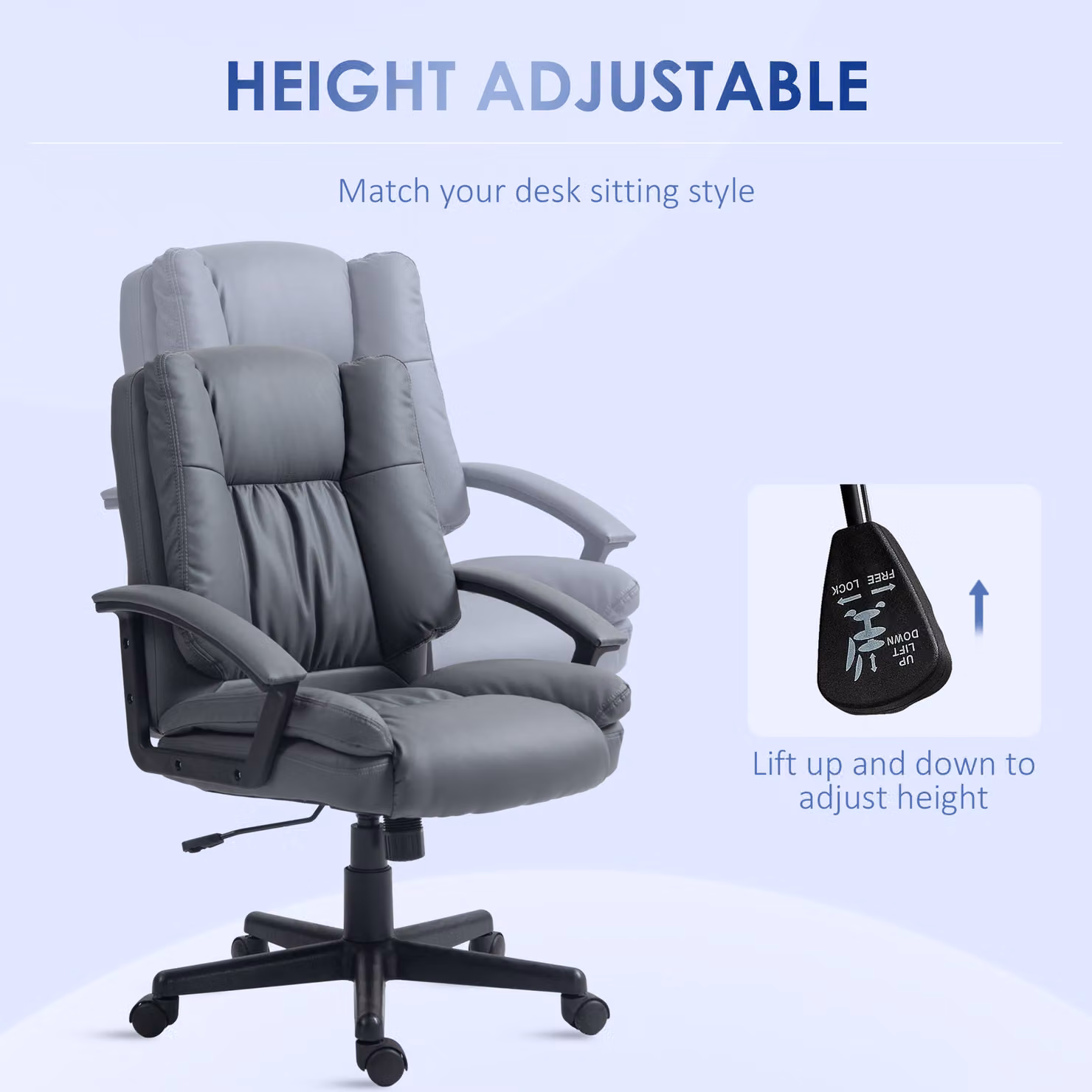 Vinsetto Modern Grey PU Leather Executive Office Chair with Armrests and 360 Degree Swivel – 4