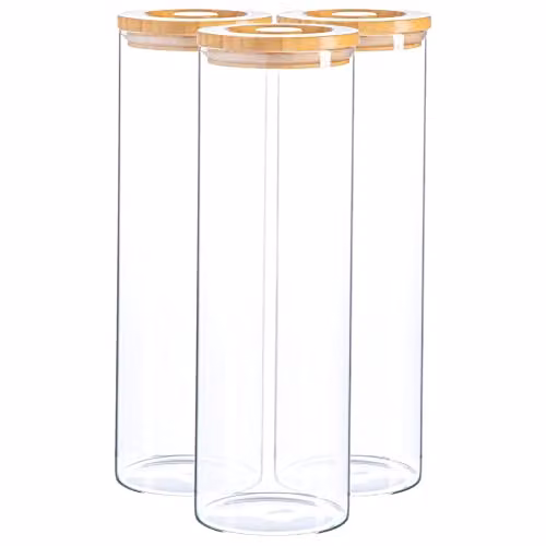 Argon Tableware Scandi Airtight Glass Storage Jars with Wooden Lids, 2 Litre, 3 Pack, Transparent