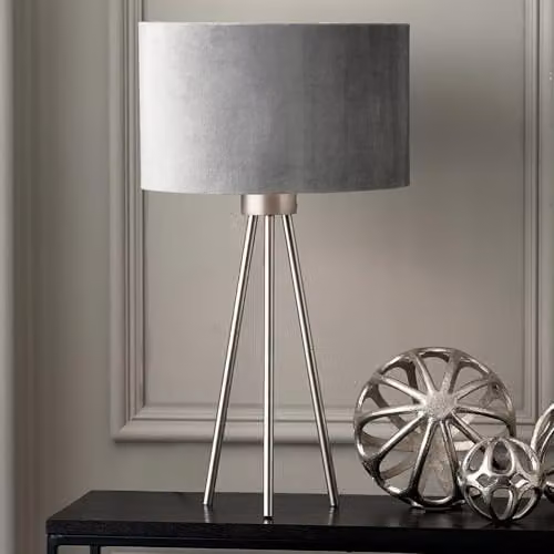 Pacific Lifestyle Art Deco Tripod Table Lamp with Velvet Fabric Lampshade in Silver