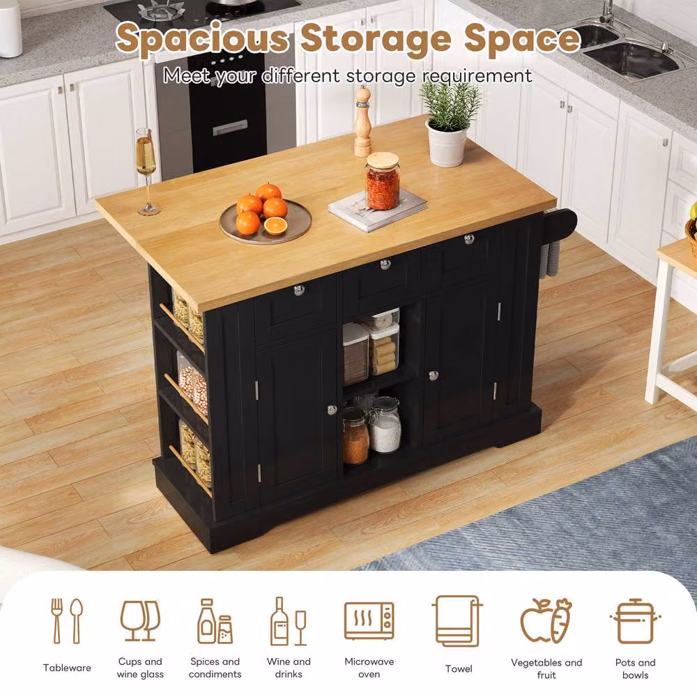 BTM Black Rustic Kitchen Island on Wheels with Dropleaf, Spice Rack and Charging Station – 3