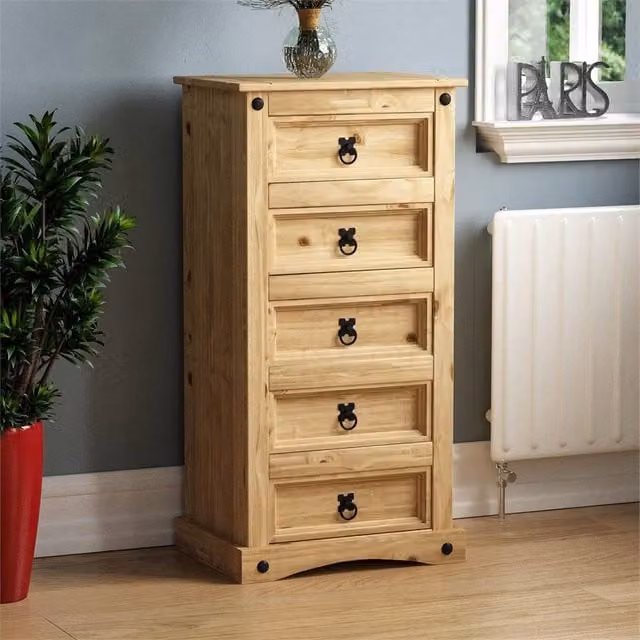 PAWNORA Rustic 5 Drawer Narrow Chest in Natural Wood and Metal