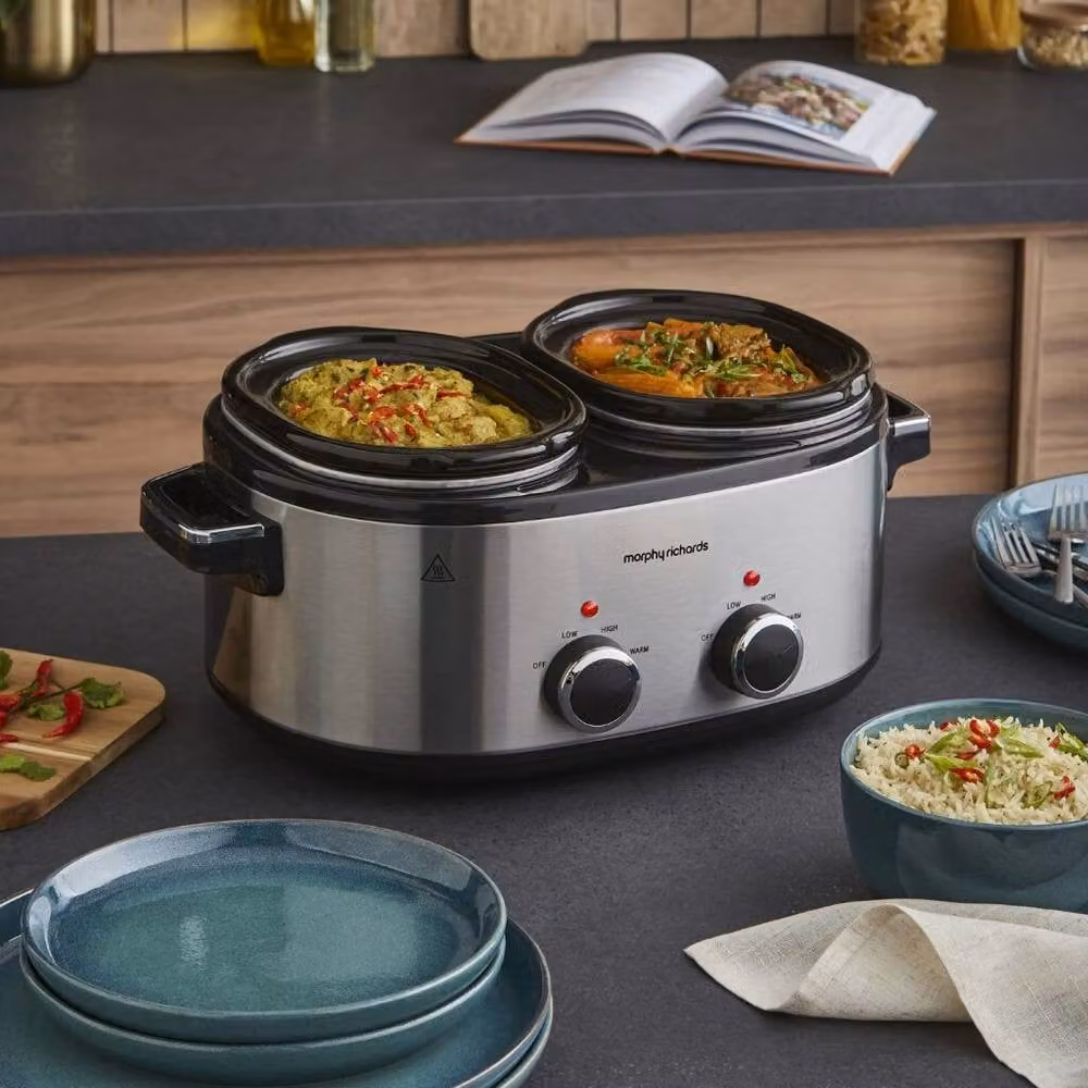 Morphy Richards DuoServe Double Pot Slow Cooker, 3.8L, Silver – 2
