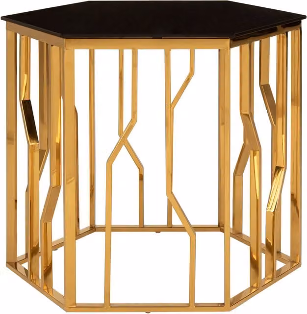Orsina Modern Hexagonal Side Table in Gold and Black with Glass Top