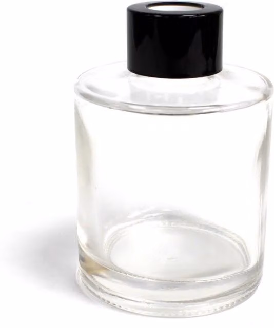 KDMK Minimalist Round Glass Reed Diffuser Bottle with Cap and Plastic Plug in Transparent and Black