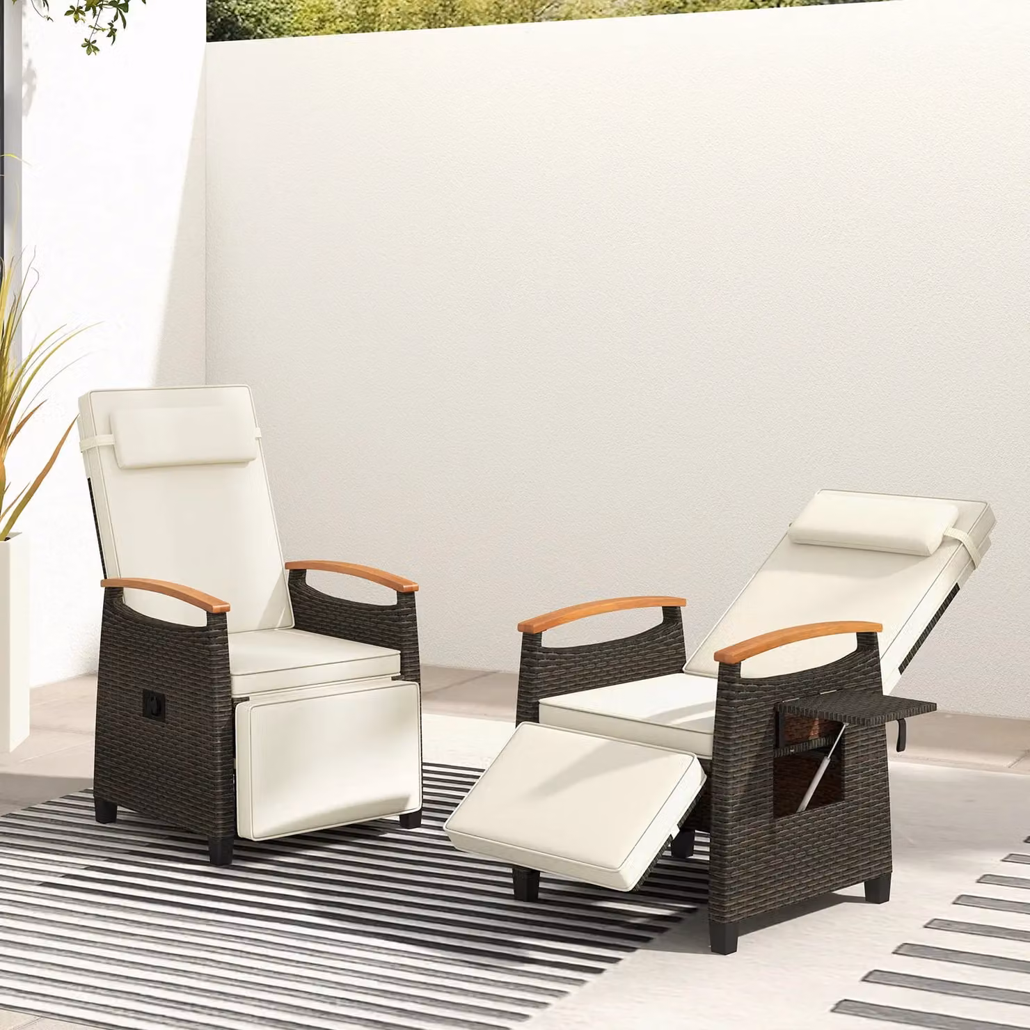 Costway White Rattan Patio Recliner Chair with Adjustable Backrest and Acacia Wood Frame – 3