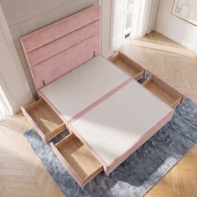 Horizona Velvet Divan Bed Base with Drawers and Floor Standing Headboard, Black, W/D/H: 200 x 180 x 34.5 cm