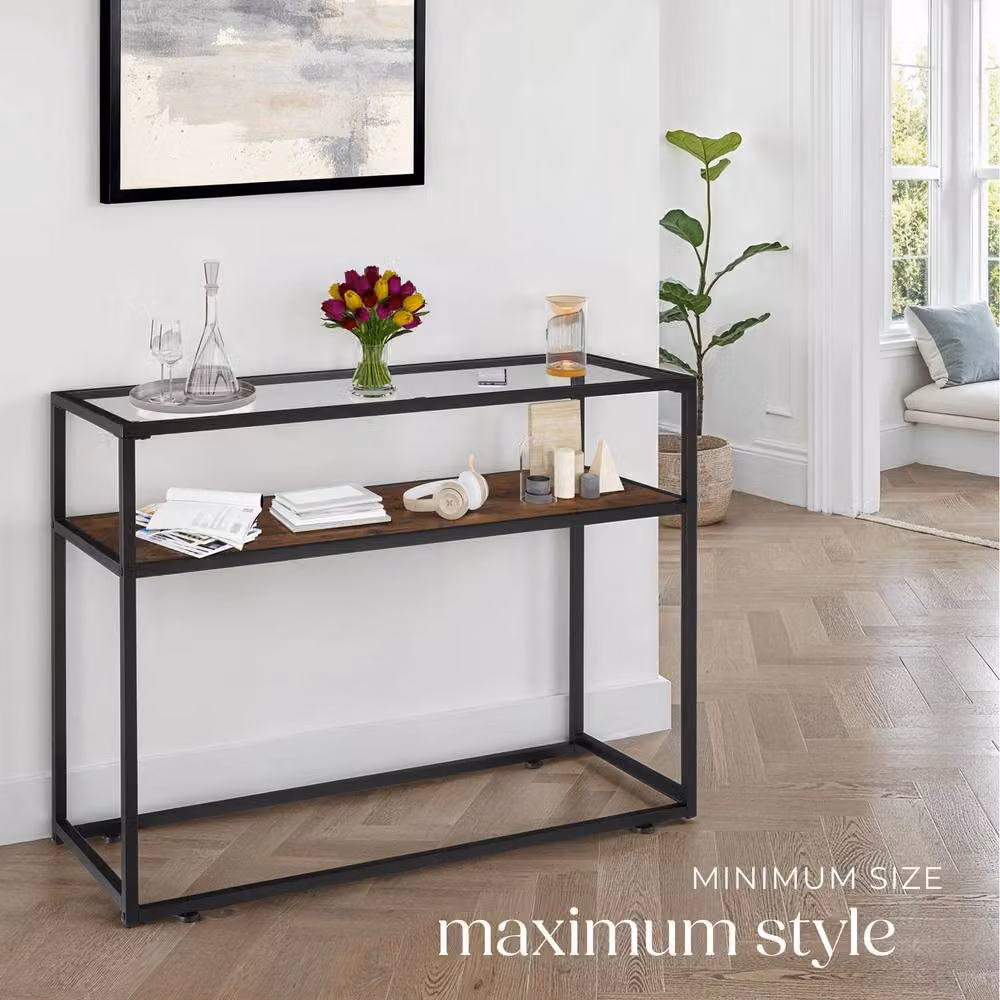 tectake Kilkenny Industrial Console Table with Glass Top and 2 Shelves in Dark Brown and Black – 5