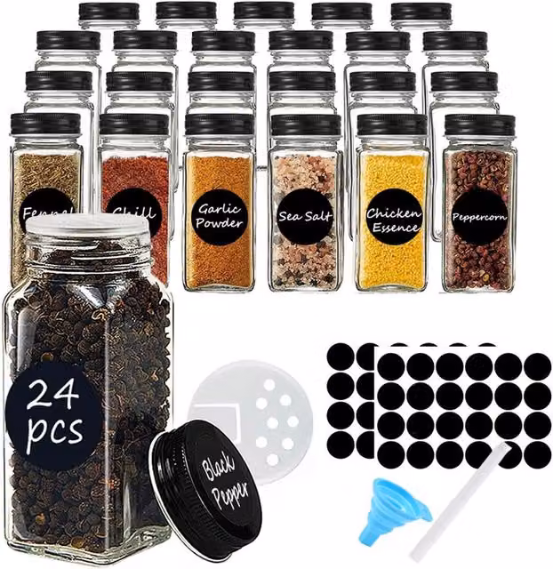 Livingandhome Set of 24 Transparent Glass Spice Jars with Airtight Metal Lids