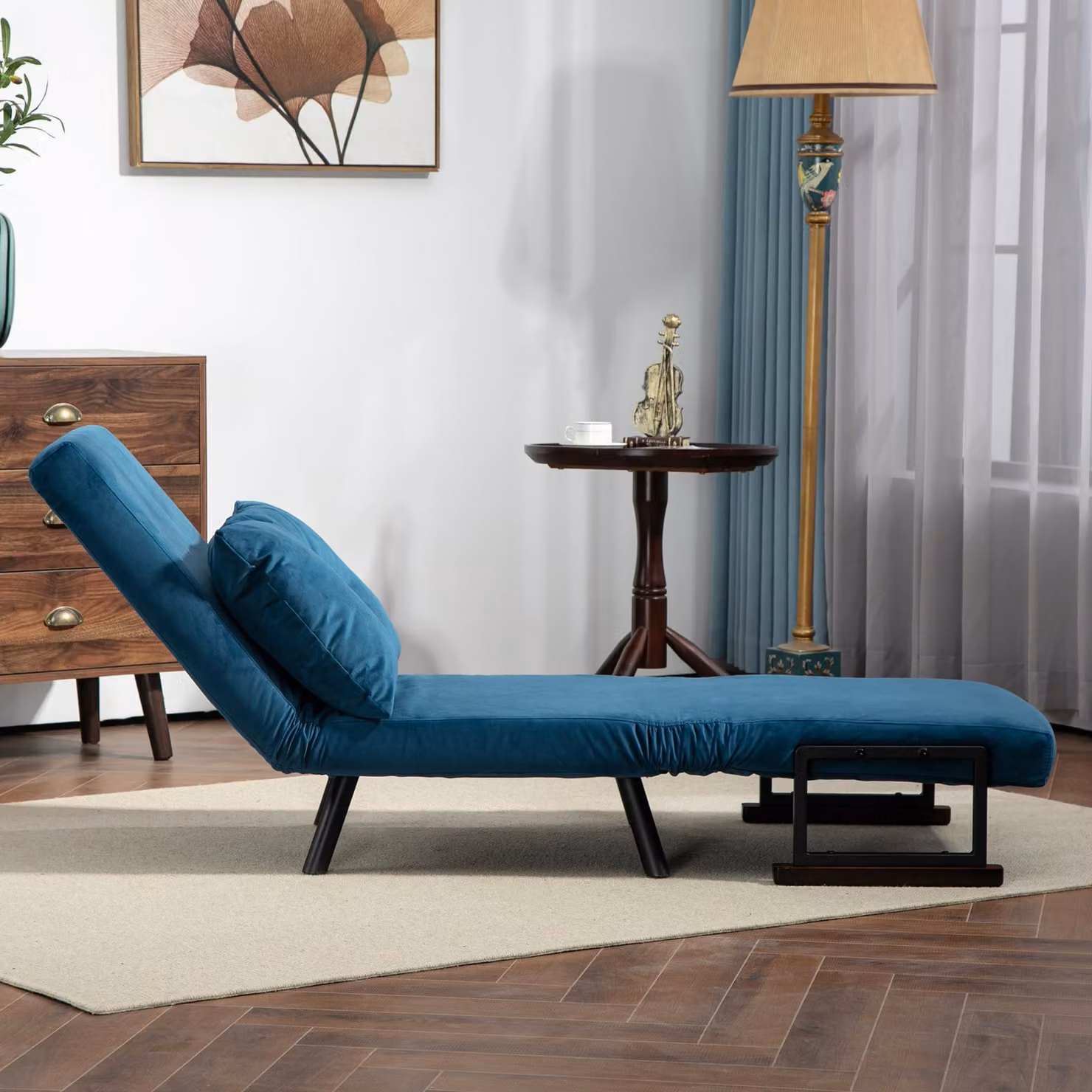 HOMCOM Navy Blue Velvet Click Clack Convertible Single Chair Bed with 2 Cushions – 7