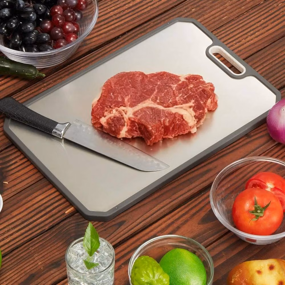 VOGREX Double Sided Titanium 304 Stainless Steel Reversible Cutting Board with Groove and Handle in Silver and Multicolour – 4