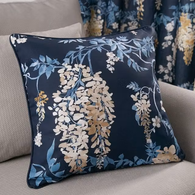Dreams & Drapes Blue Floral Cotton Square Wisteria Filled Cushion, W/D/H: 43 x 43 x 43 cm