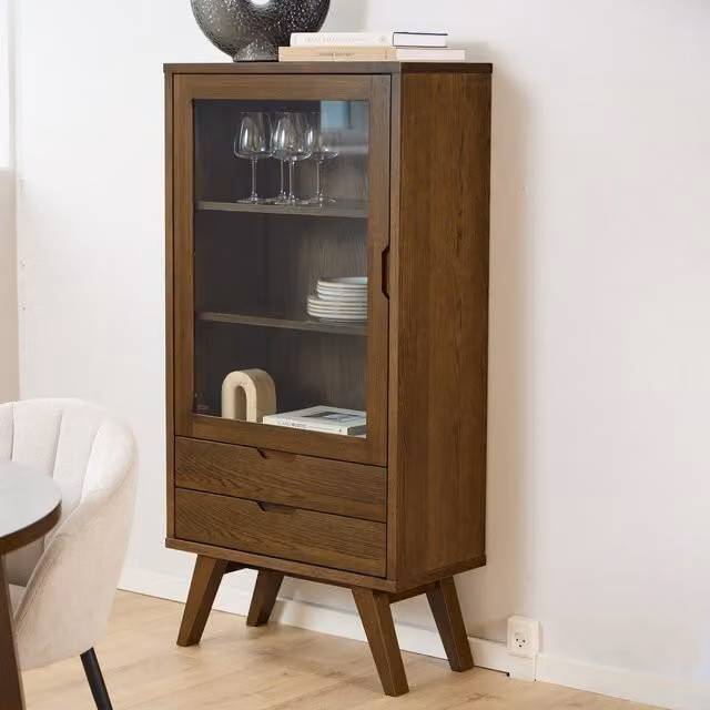 Furniture To Go Scandinavian A-Line Display Cabinet with Glass Doors, 2 Drawers and 2 Shelves in Brown Oak