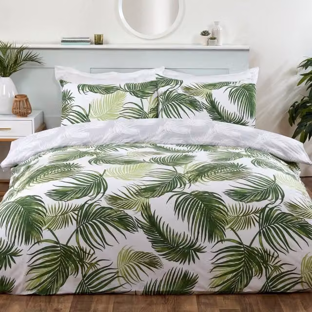 Smart Living Reversible Floral Palm Print Polycotton Duvet Cover and Pillowcase, Green, Pillowcase: 50 x 75 cm