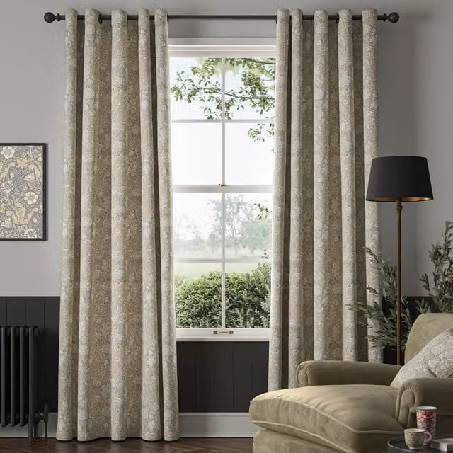 William Morris Double Bough Made To Measure Blackout Eyelet Curtains in Beige Floral Cotton
