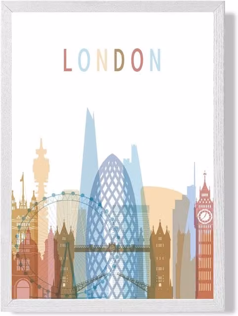 ARTZE London Colourful City Skyline Framed Print in White and Pale Blue