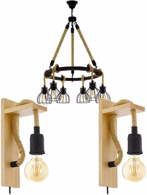 Loops 6 Bulb Ceiling Pendant and 2 Matching Wall Lights in Black and Wood – 1