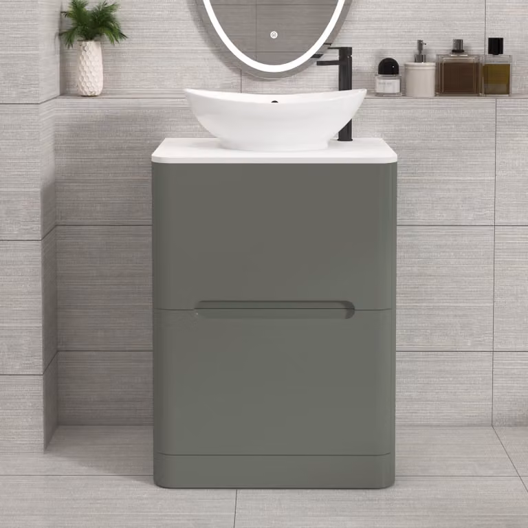 Royal Bathrooms Venice 600mm Sage Green Floor Standing 2 Drawer Vanity Unit with Plain White Worktop and Amaze Basin