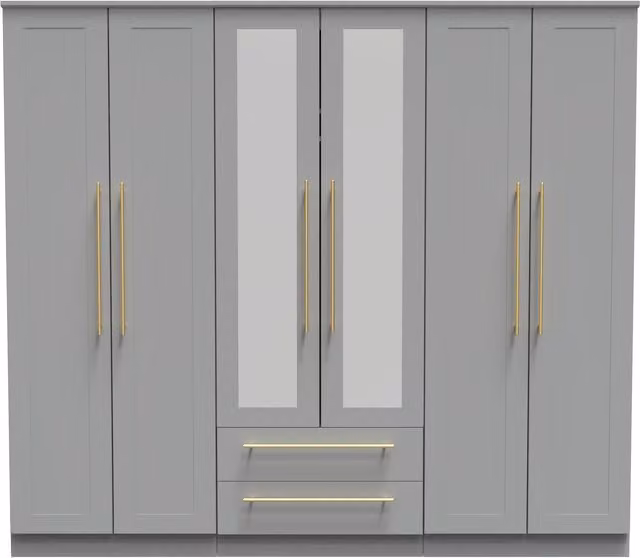 2 U Helmsley Ready Assembled Tall 6 Door 2 Drawer Wardrobe with Mirrors in Dark Grey