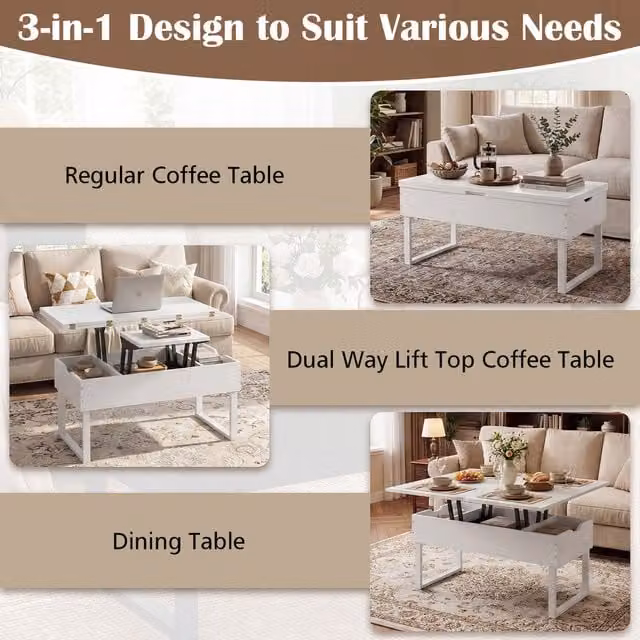 Costway 3-in-1 Modern White Rectangular Lift Top Coffee Table with Metal Mechanism