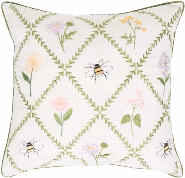 Divante Gardenia Floral Embroidered Square Cushion in White