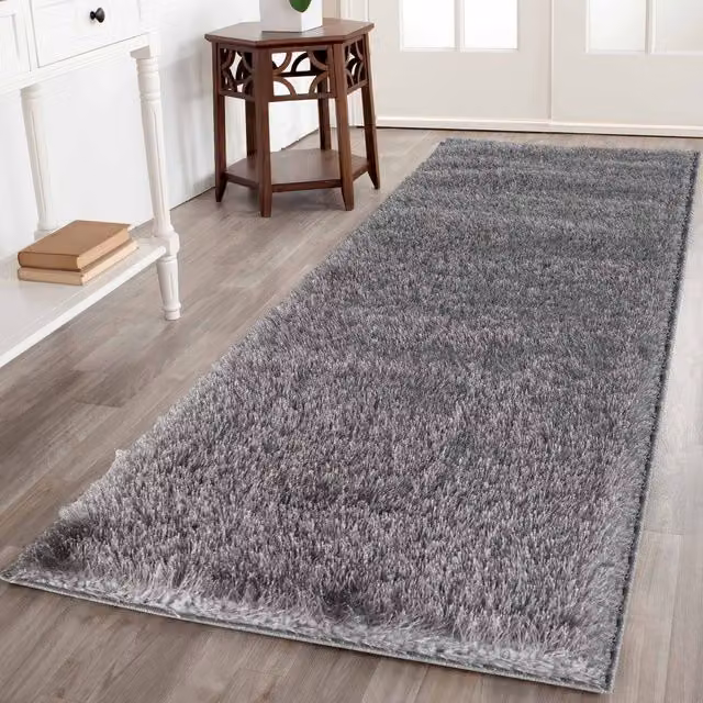 Desire Rugs Modern Plain Shimmer Shaggy Area Rug Runner in Silver, W: 60 cm, L: 220 cm