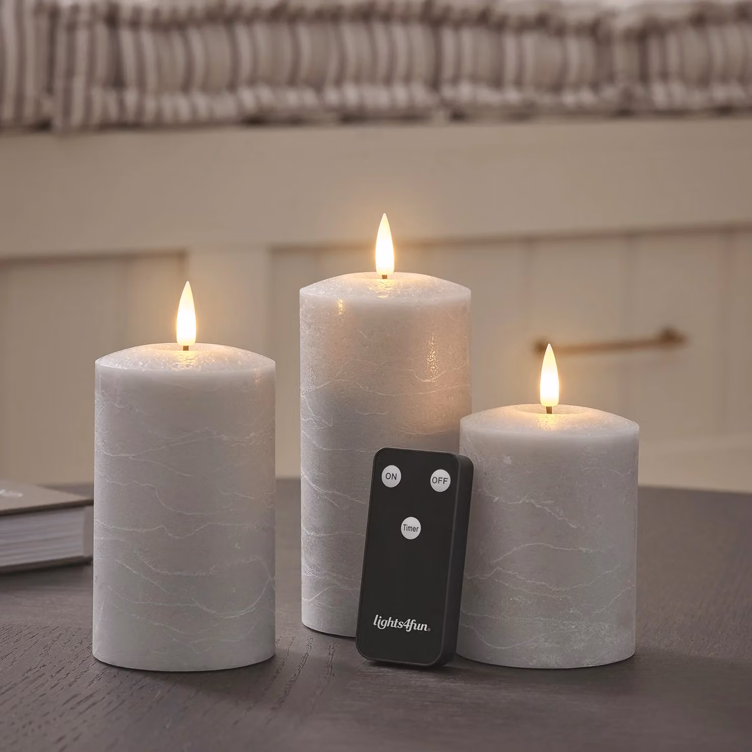 TruGlow Grey Distressed Vintage Wax Pillar Candle Trio with Remote Control and Timer