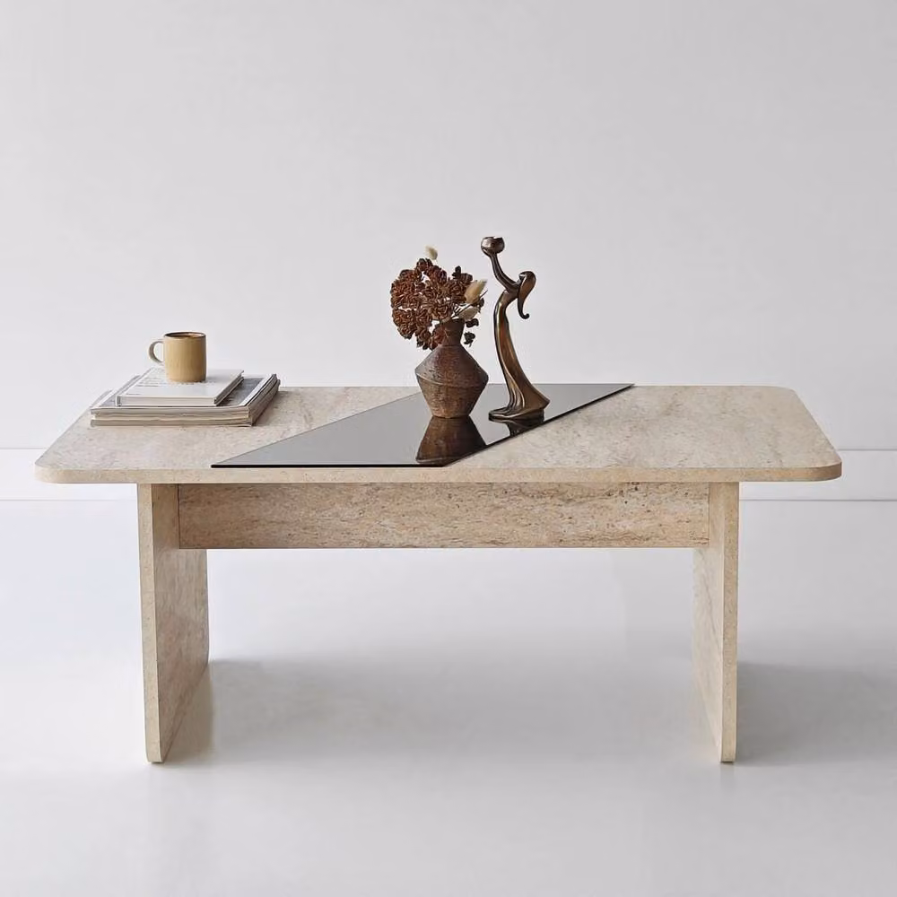 CALICOSY SOLEA Rectangular Coffee Table with Mirror in Stone and Beige, W: 100 cm, D: 60 cm, H: 40 cm – 2