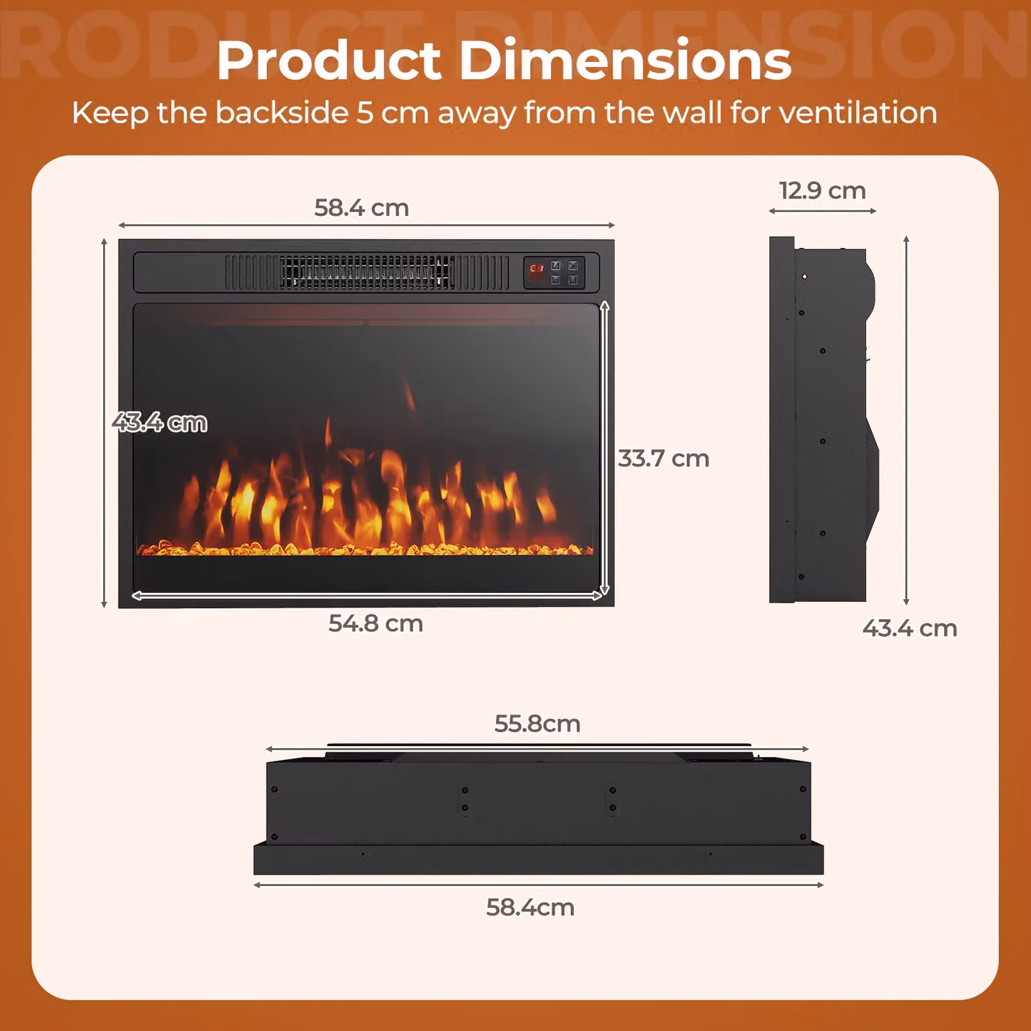 Costway 23 Inch Black Electric Fireplace Insert with 750W/1500W Heater Settings – 2