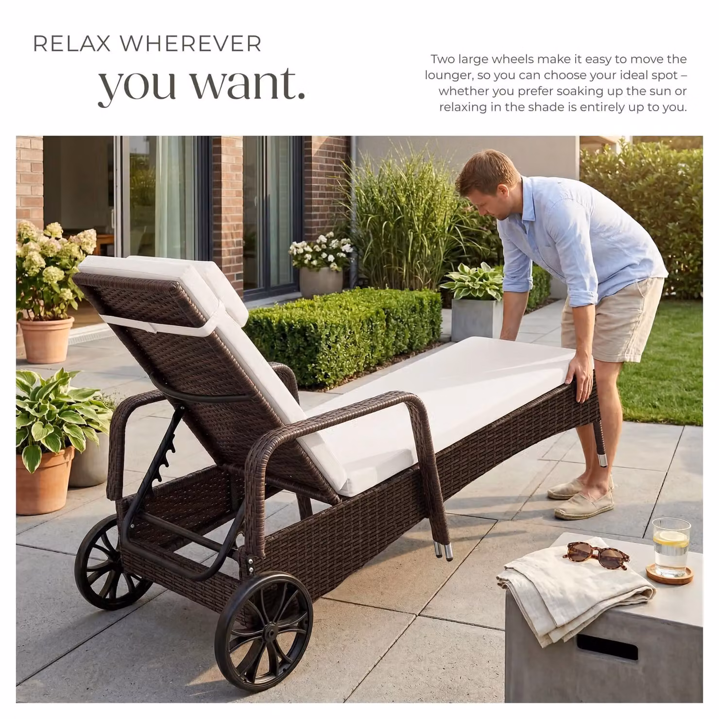 tectake Caspian 1 Seater Sun Lounger with Multicolour Weatherproof Cushion and Castors – 6