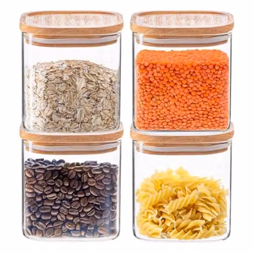 Argon Tableware 4 Pack Square Glass Storage Jars with Airtight Wooden Lids, 680ml, Transparent – 1