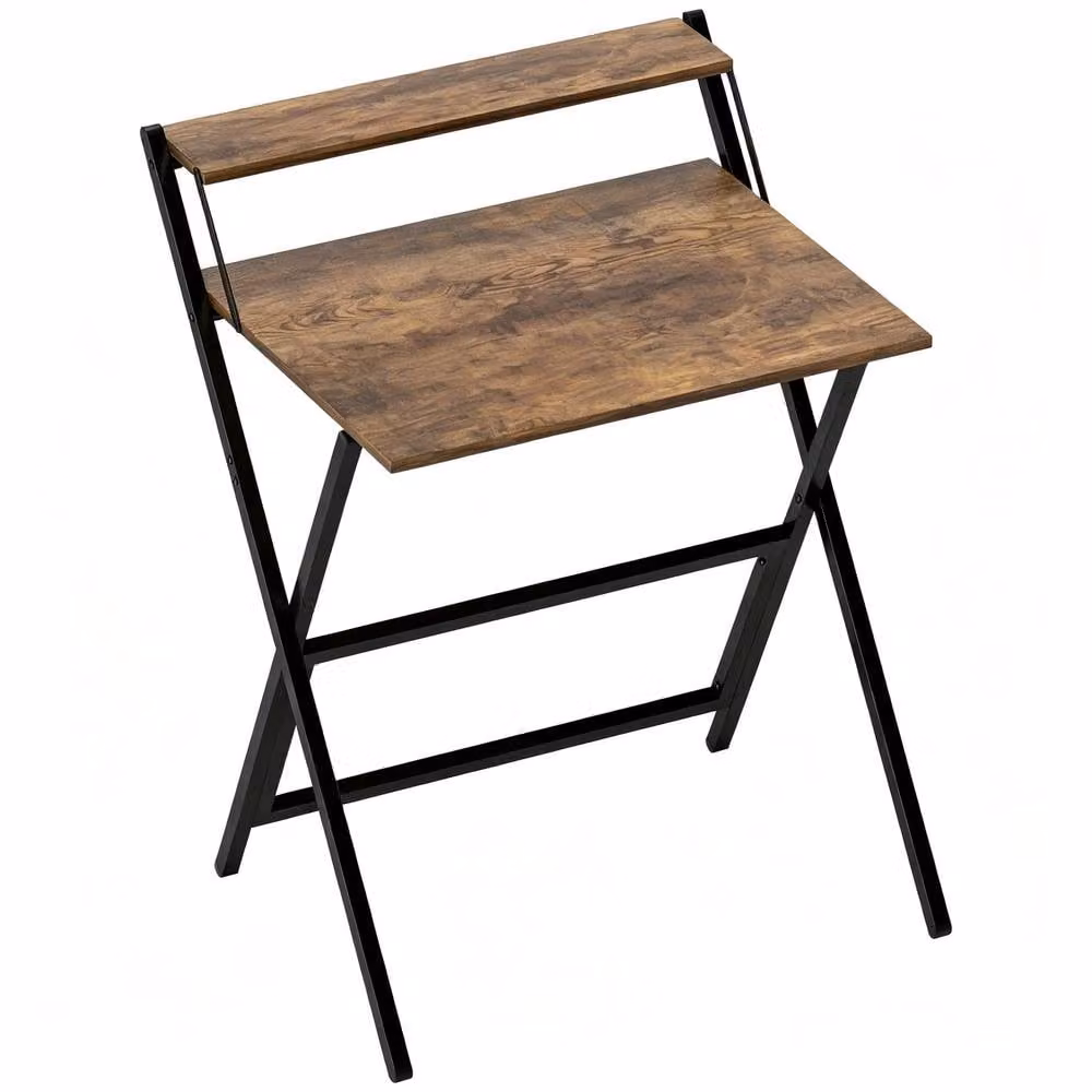 STILVORA Folding Computer Desk with Monitor Shelf in Rustic Brown – 4