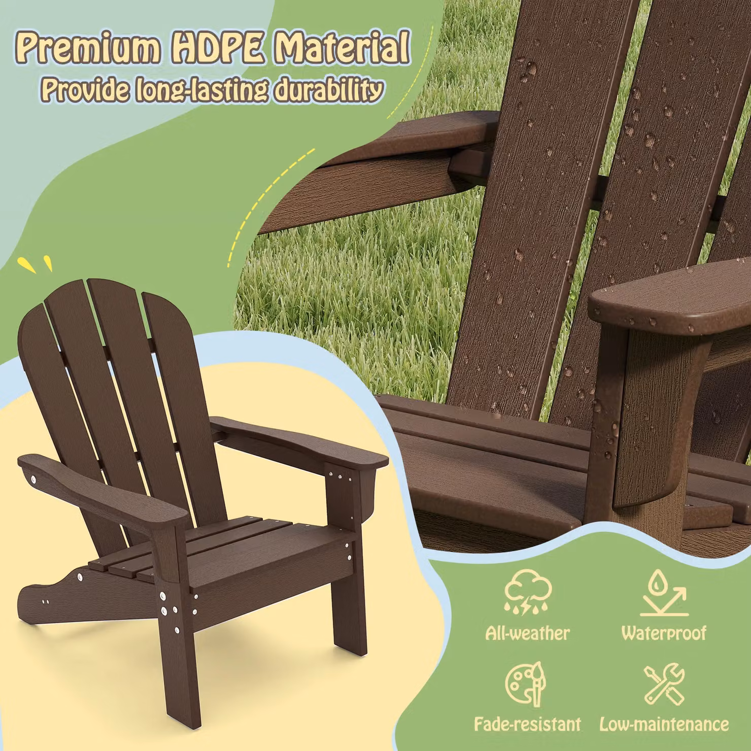 Gymax Brown All-Weather HDPE Toddler Adirondack Lawn Chair for Children aged 3-8 Years – 3